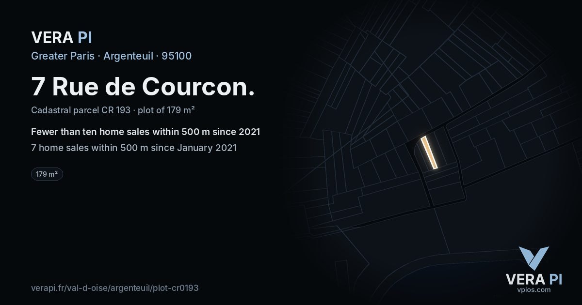 7 Rue de Courcon, Argenteuil at night – the plot lit, the parcels around coloured by the prices near them