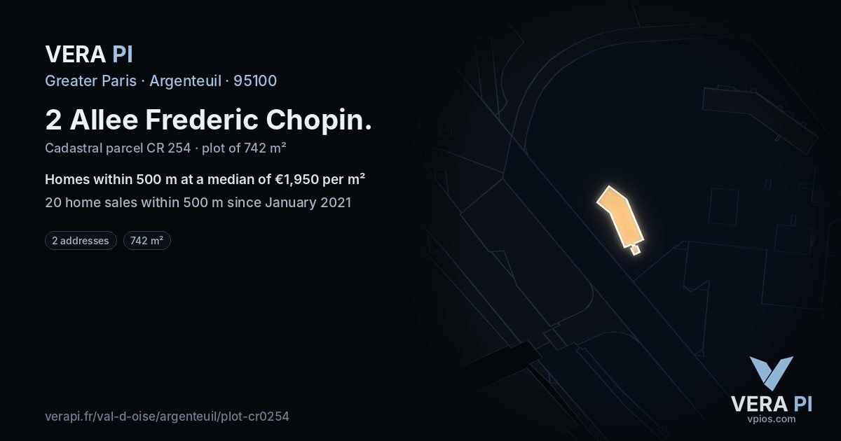 2 Allee Frederic Chopin, Argenteuil at night – the plot lit, the parcels around coloured by the prices near them