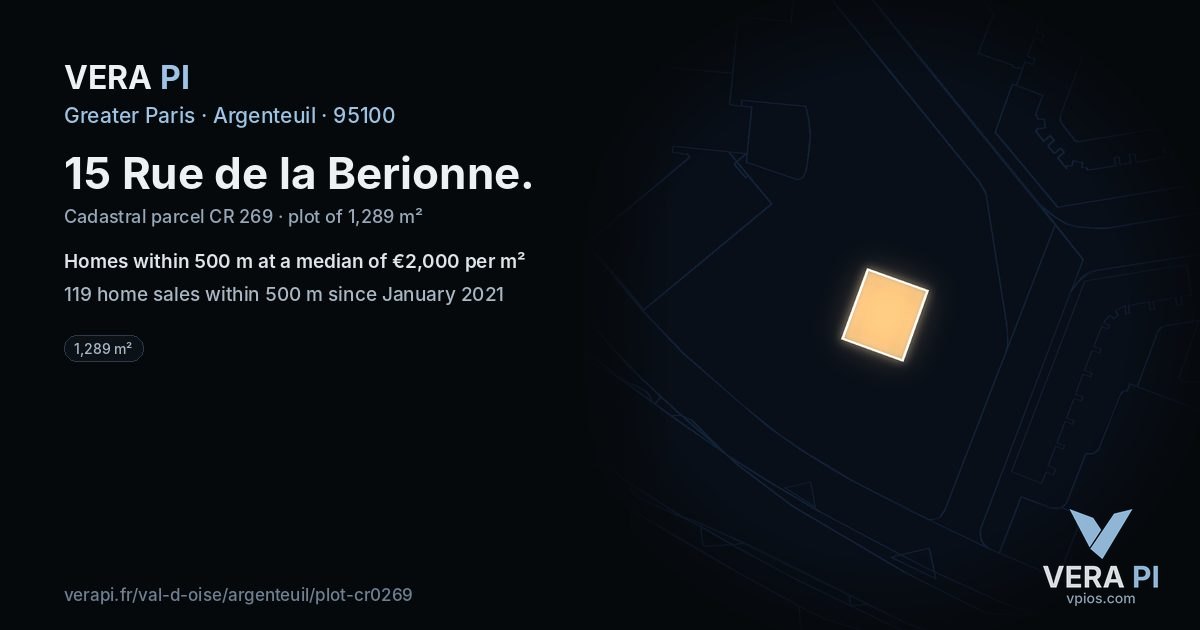 15 Rue de la Berionne, Argenteuil at night – the plot lit, the parcels around coloured by the prices near them