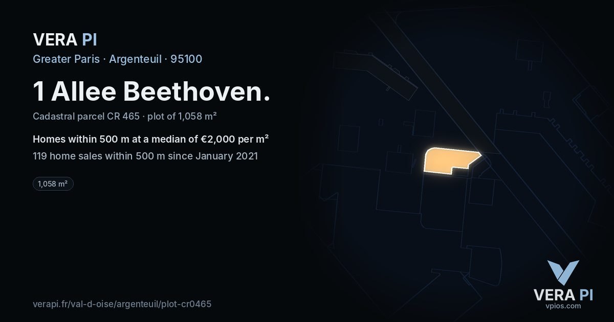 1 Allee Beethoven, Argenteuil at night – the plot lit, the parcels around coloured by the prices near them