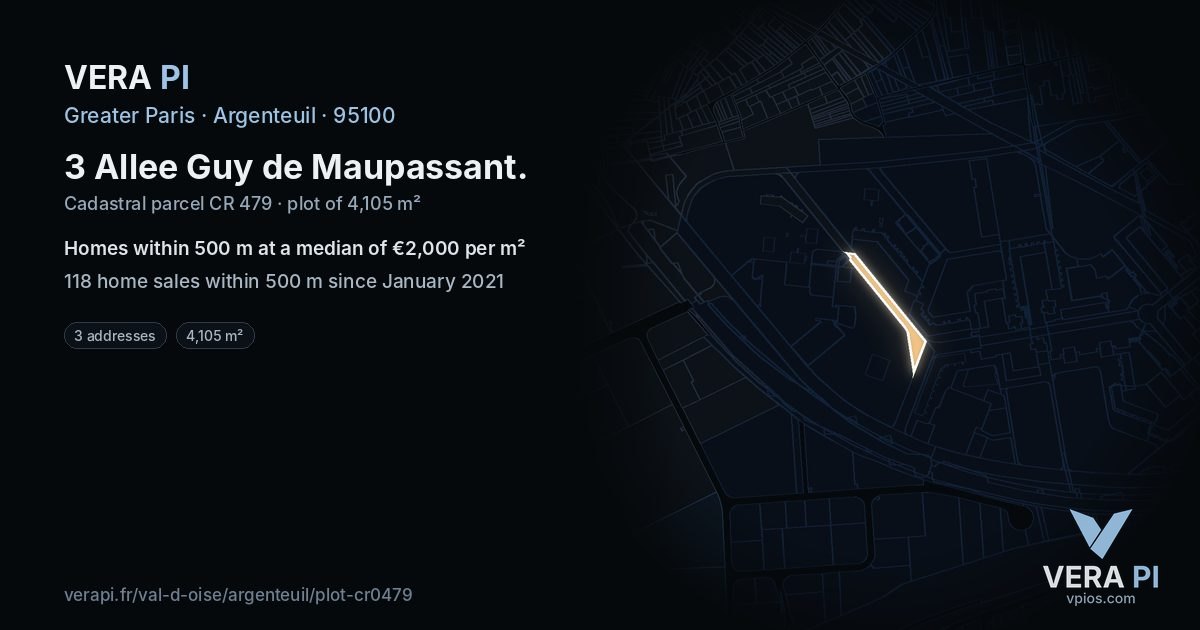 3 Allee Guy de Maupassant, Argenteuil at night – the plot lit, the parcels around coloured by the prices near them