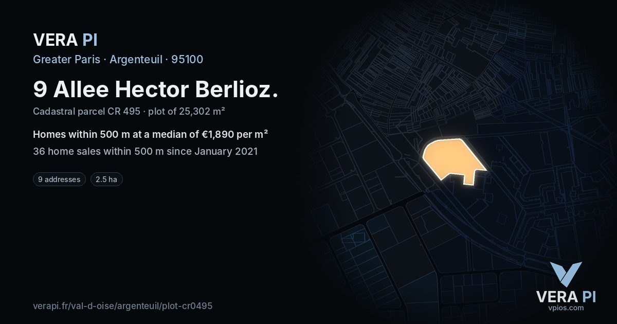 9 Allee Hector Berlioz, Argenteuil at night – the plot lit, the parcels around coloured by the prices near them