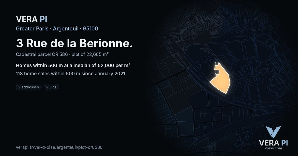 3 Rue de la Berionne, Argenteuil at night – the plot lit, the parcels around coloured by the prices near them