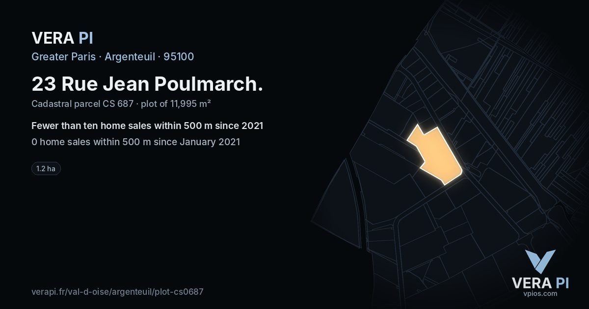 23 Rue Jean Poulmarch, Argenteuil at night – the plot lit, the parcels around coloured by the prices near them