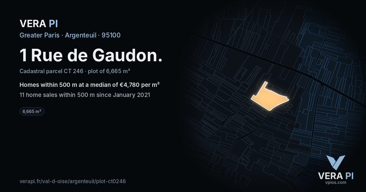 1 Rue de Gaudon, Argenteuil at night – the plot lit, the parcels around coloured by the prices near them