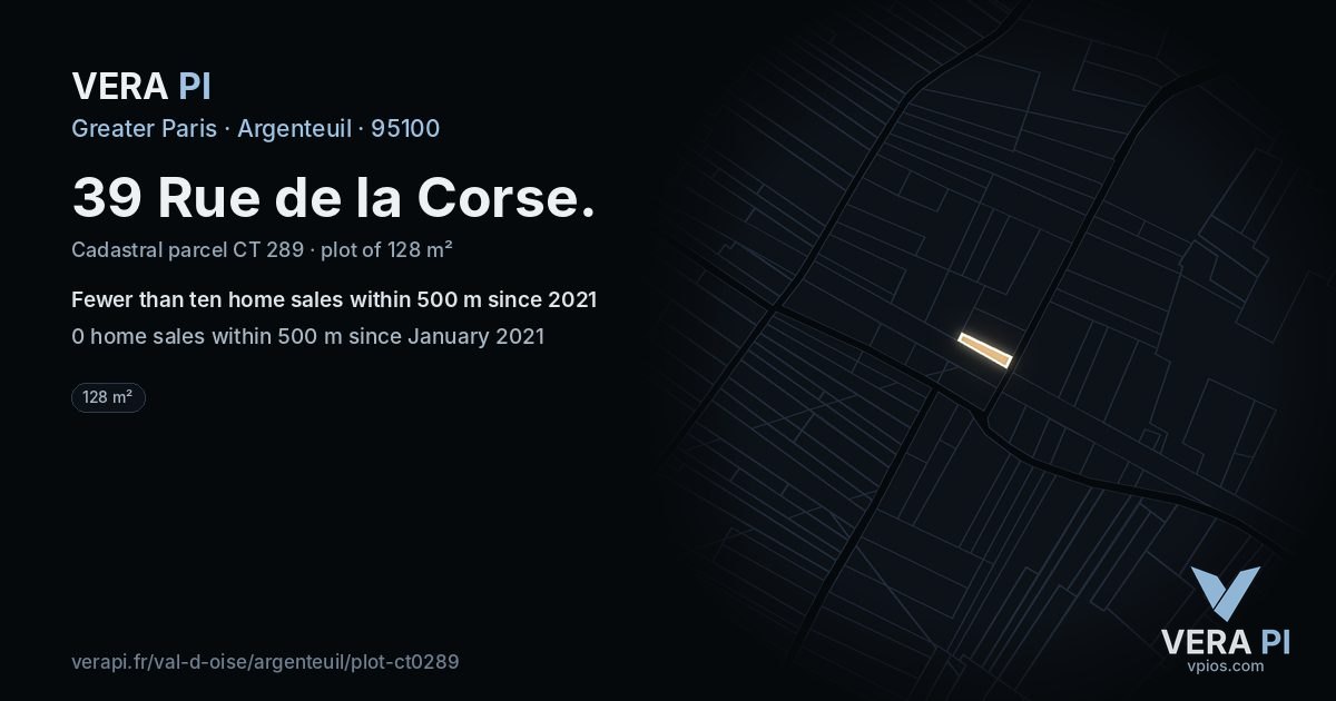 39 Rue de la Corse, Argenteuil at night – the plot lit, the parcels around coloured by the prices near them