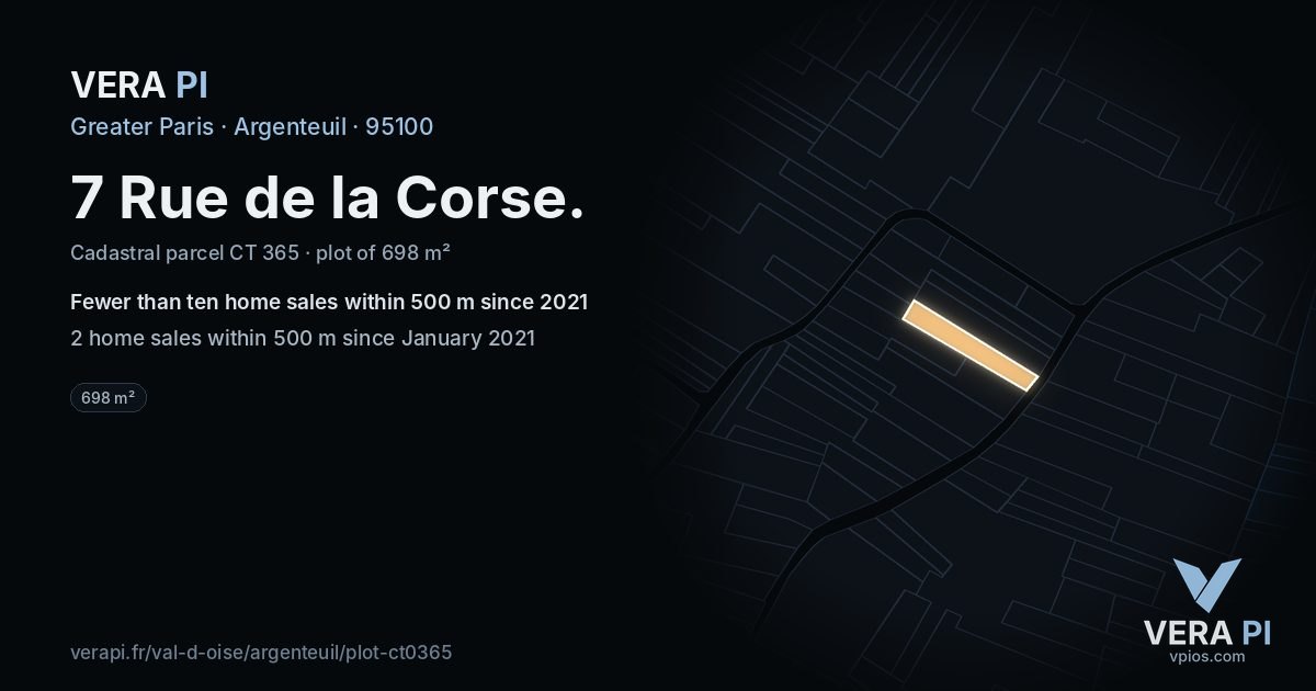 7 Rue de la Corse, Argenteuil at night – the plot lit, the parcels around coloured by the prices near them