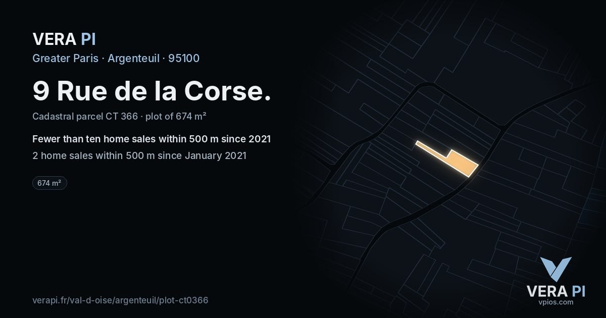 9 Rue de la Corse, Argenteuil at night – the plot lit, the parcels around coloured by the prices near them