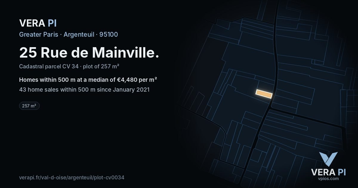 25 Rue de Mainville, Argenteuil at night – the plot lit, the parcels around coloured by the prices near them