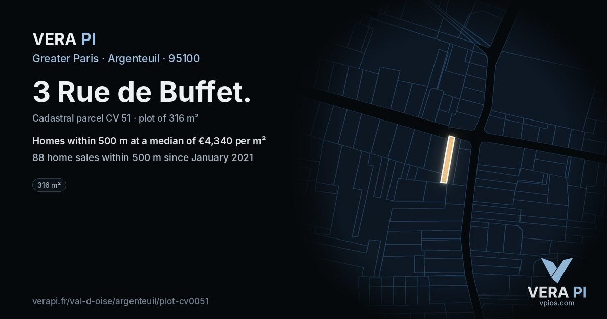 3 Rue de Buffet, Argenteuil at night – the plot lit, the parcels around coloured by the prices near them