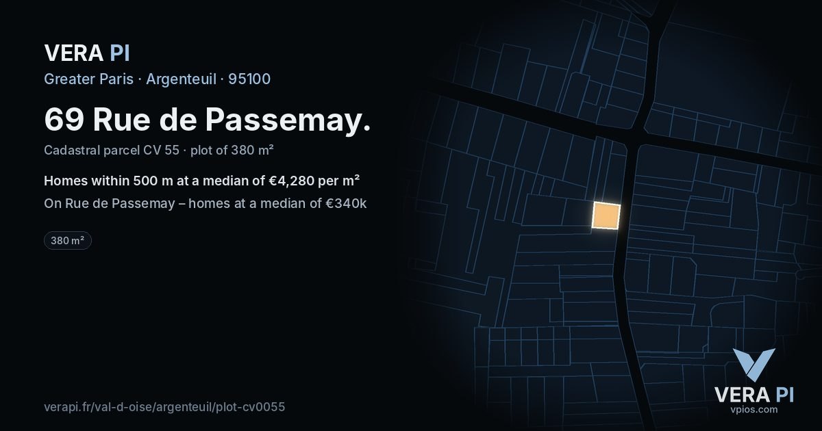 69 Rue de Passemay, Argenteuil at night – the plot lit, the parcels around coloured by the prices near them