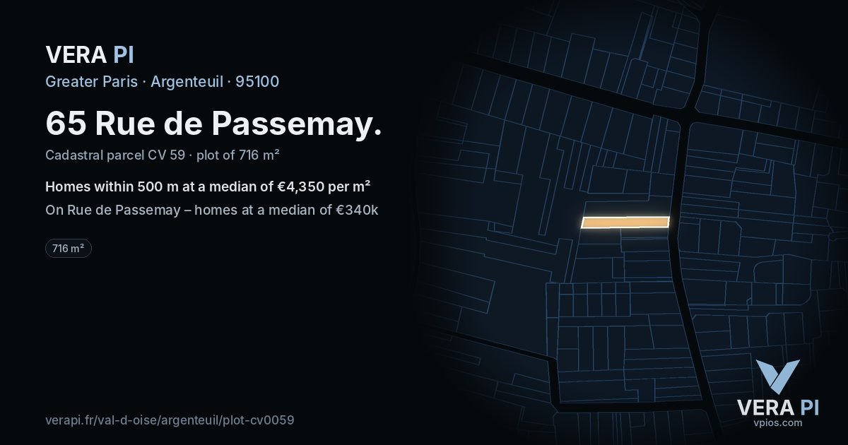 65 Rue de Passemay, Argenteuil at night – the plot lit, the parcels around coloured by the prices near them