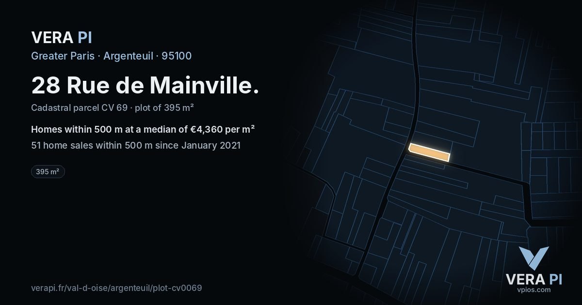 28 Rue de Mainville, Argenteuil at night – the plot lit, the parcels around coloured by the prices near them