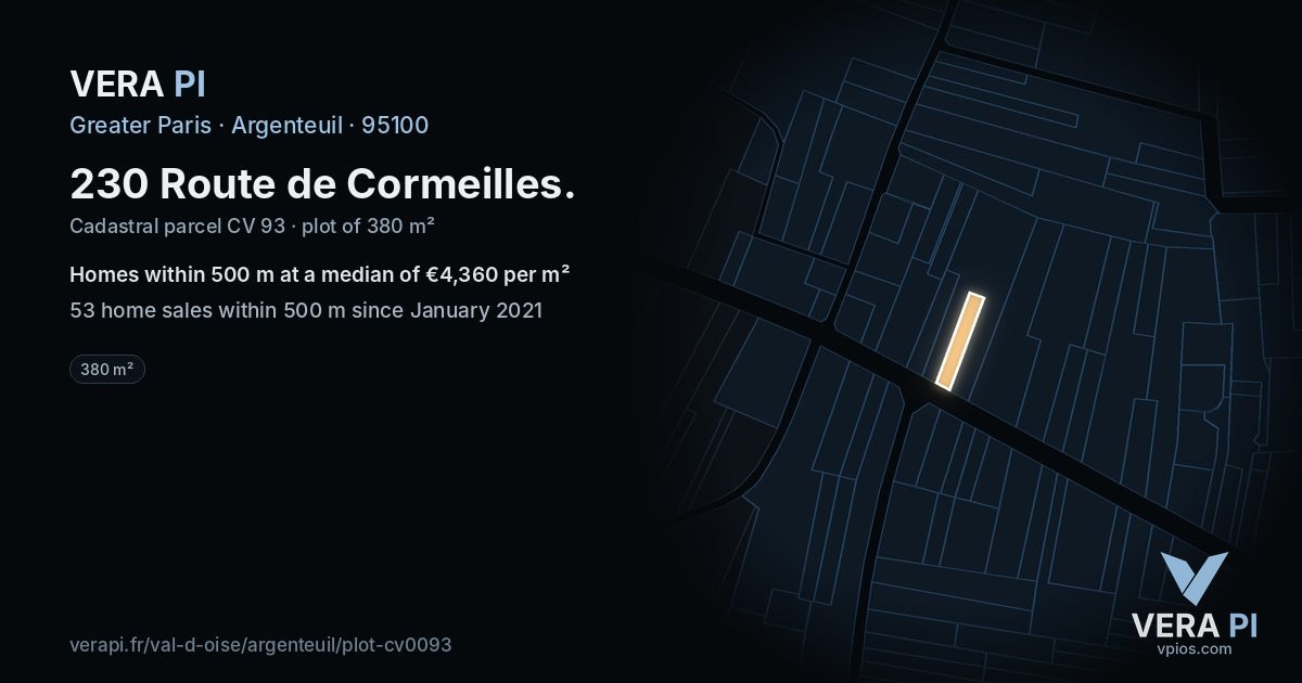 230 Route de Cormeilles, Argenteuil at night – the plot lit, the parcels around coloured by the prices near them