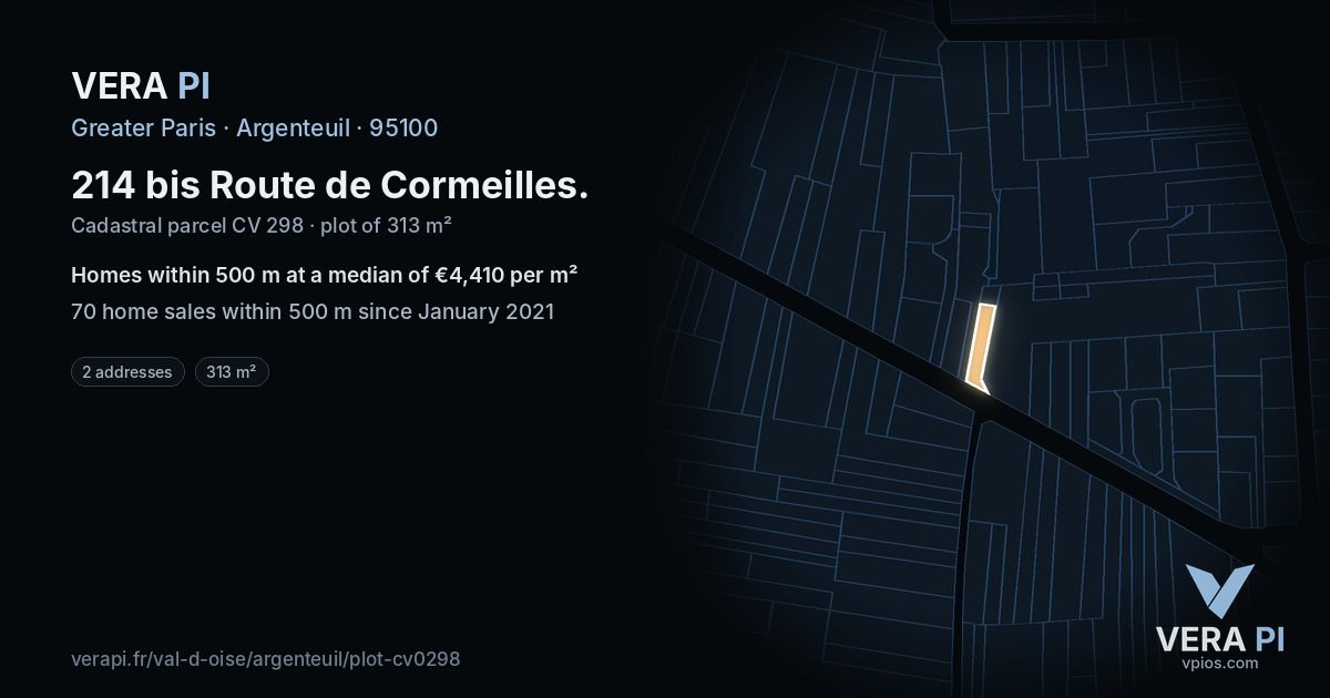 214 bis Route de Cormeilles, Argenteuil at night – the plot lit, the parcels around coloured by the prices near them