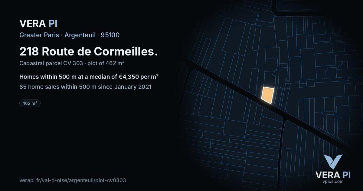 218 Route de Cormeilles, Argenteuil at night – the plot lit, the parcels around coloured by the prices near them