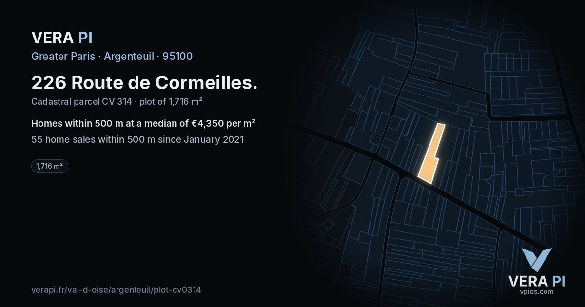 226 Route de Cormeilles, Argenteuil at night – the plot lit, the parcels around coloured by the prices near them