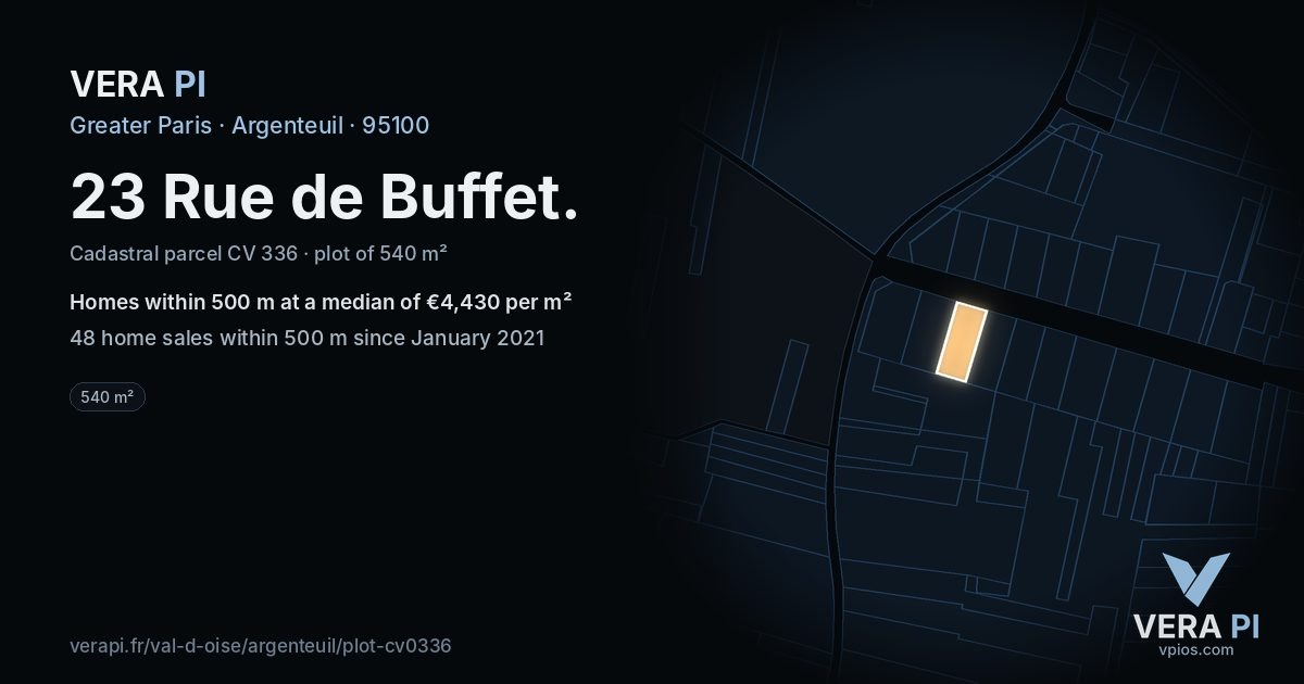 23 Rue de Buffet, Argenteuil at night – the plot lit, the parcels around coloured by the prices near them