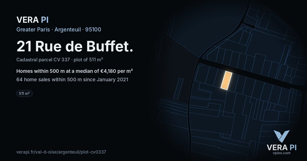 21 Rue de Buffet, Argenteuil at night – the plot lit, the parcels around coloured by the prices near them