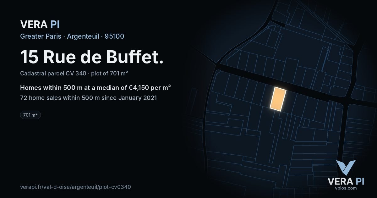 15 Rue de Buffet, Argenteuil at night – the plot lit, the parcels around coloured by the prices near them