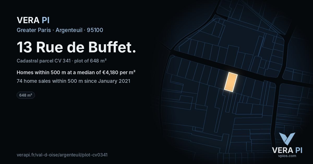 13 Rue de Buffet, Argenteuil at night – the plot lit, the parcels around coloured by the prices near them
