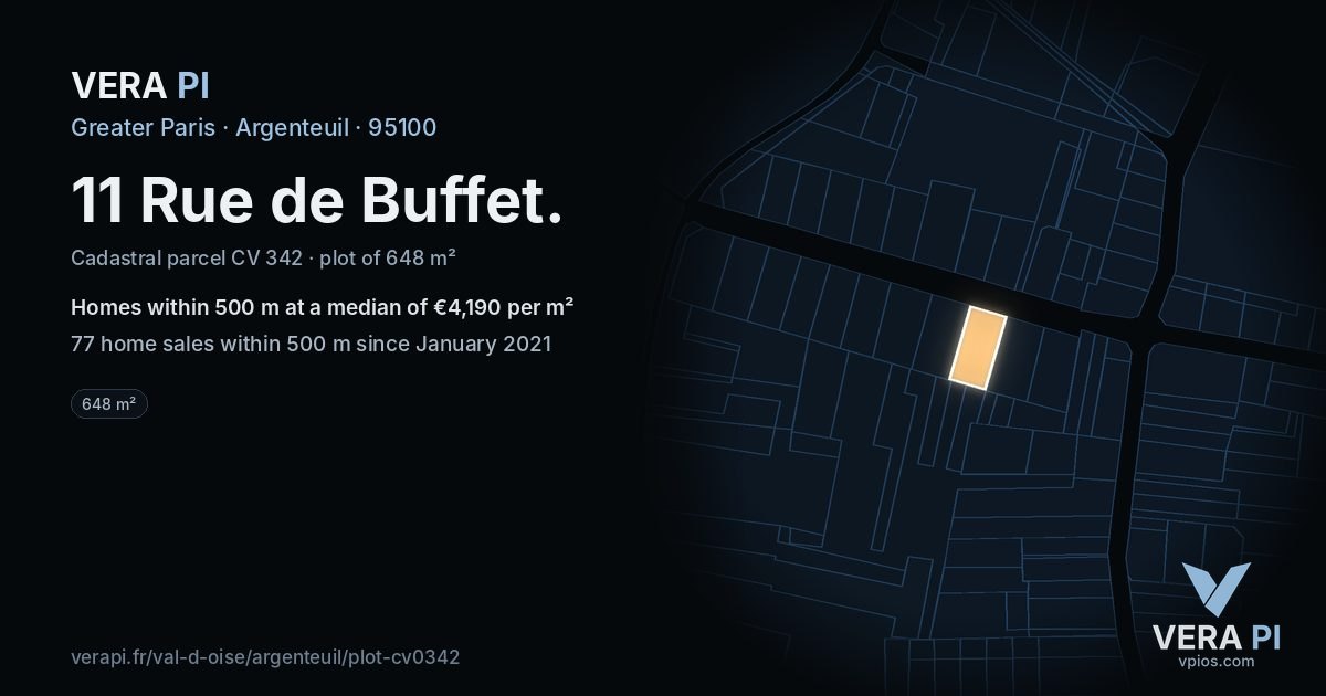 11 Rue de Buffet, Argenteuil at night – the plot lit, the parcels around coloured by the prices near them