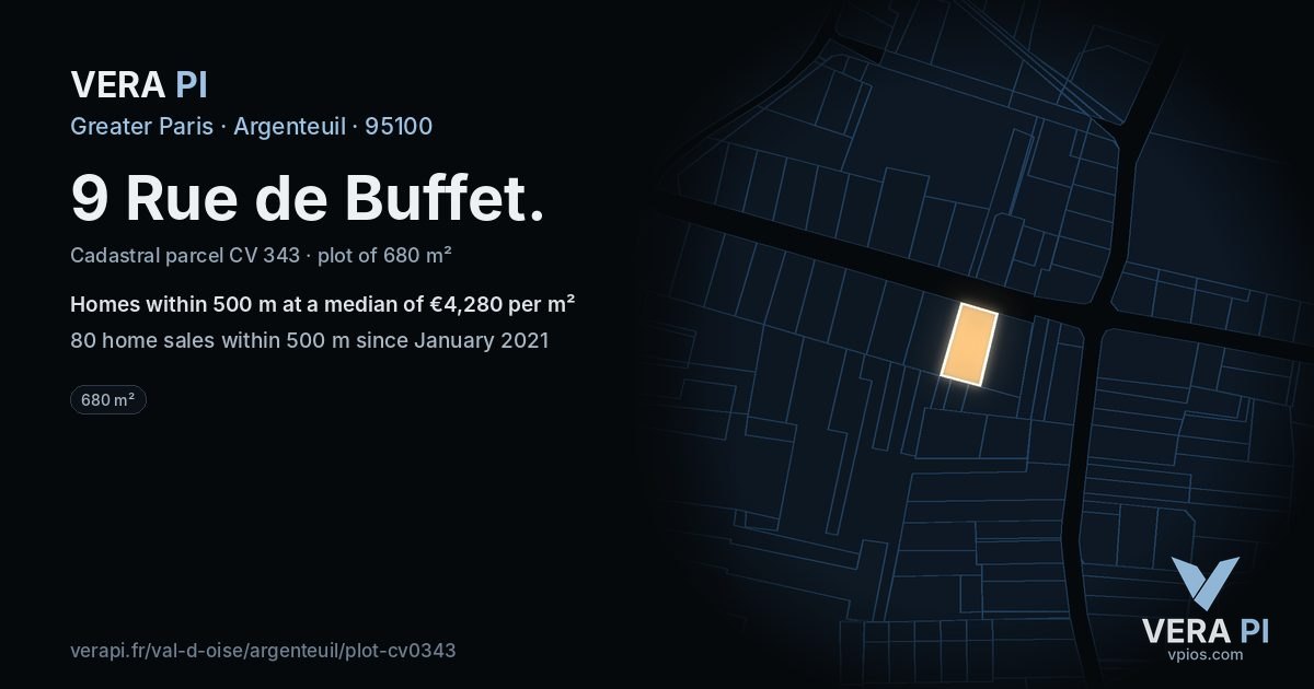 9 Rue de Buffet, Argenteuil at night – the plot lit, the parcels around coloured by the prices near them