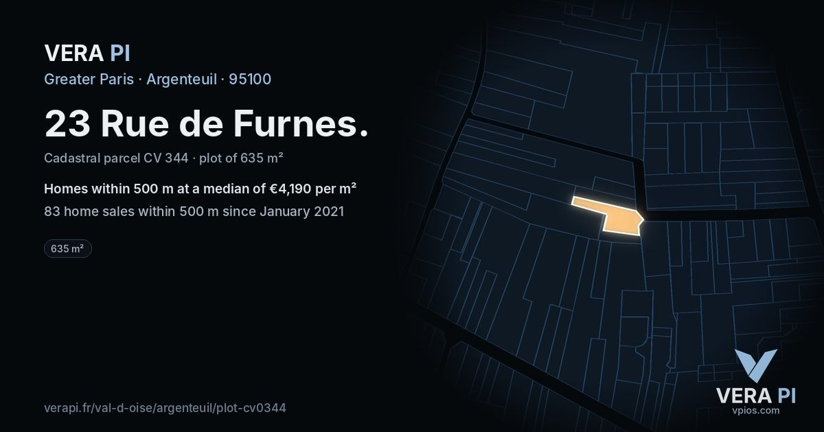 23 Rue de Furnes, Argenteuil at night – the plot lit, the parcels around coloured by the prices near them