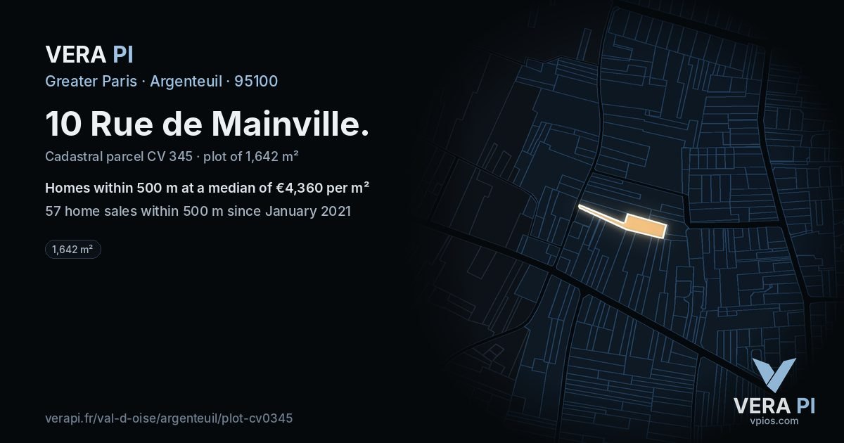 10 Rue de Mainville, Argenteuil at night – the plot lit, the parcels around coloured by the prices near them