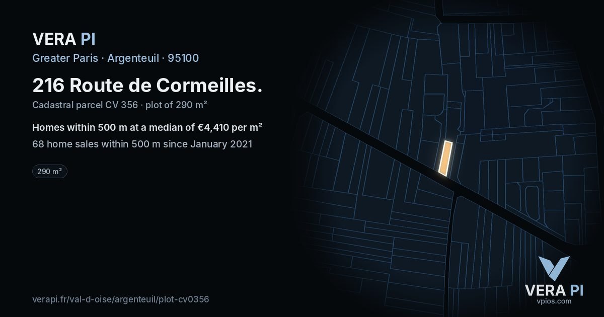 216 Route de Cormeilles, Argenteuil at night – the plot lit, the parcels around coloured by the prices near them