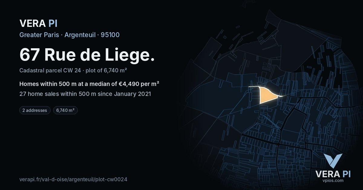 67 Rue de Liege, Argenteuil at night – the plot lit, the parcels around coloured by the prices near them