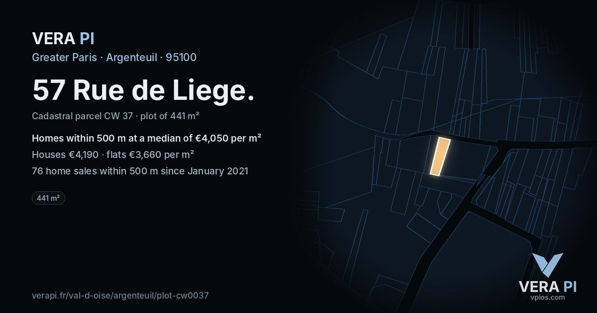 57 Rue de Liege, Argenteuil at night – the plot lit, the parcels around coloured by the prices near them