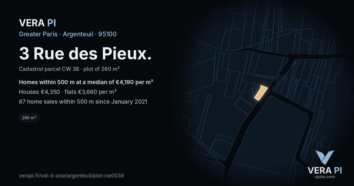 3 Rue des Pieux, Argenteuil at night – the plot lit, the parcels around coloured by the prices near them