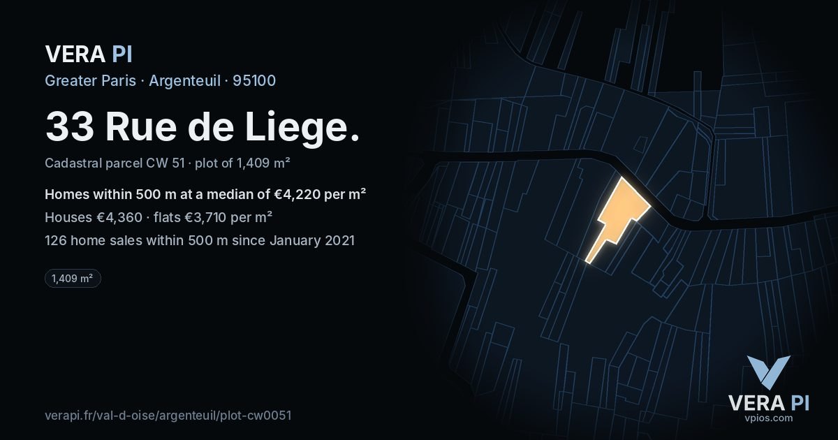 33 Rue de Liege, Argenteuil at night – the plot lit, the parcels around coloured by the prices near them