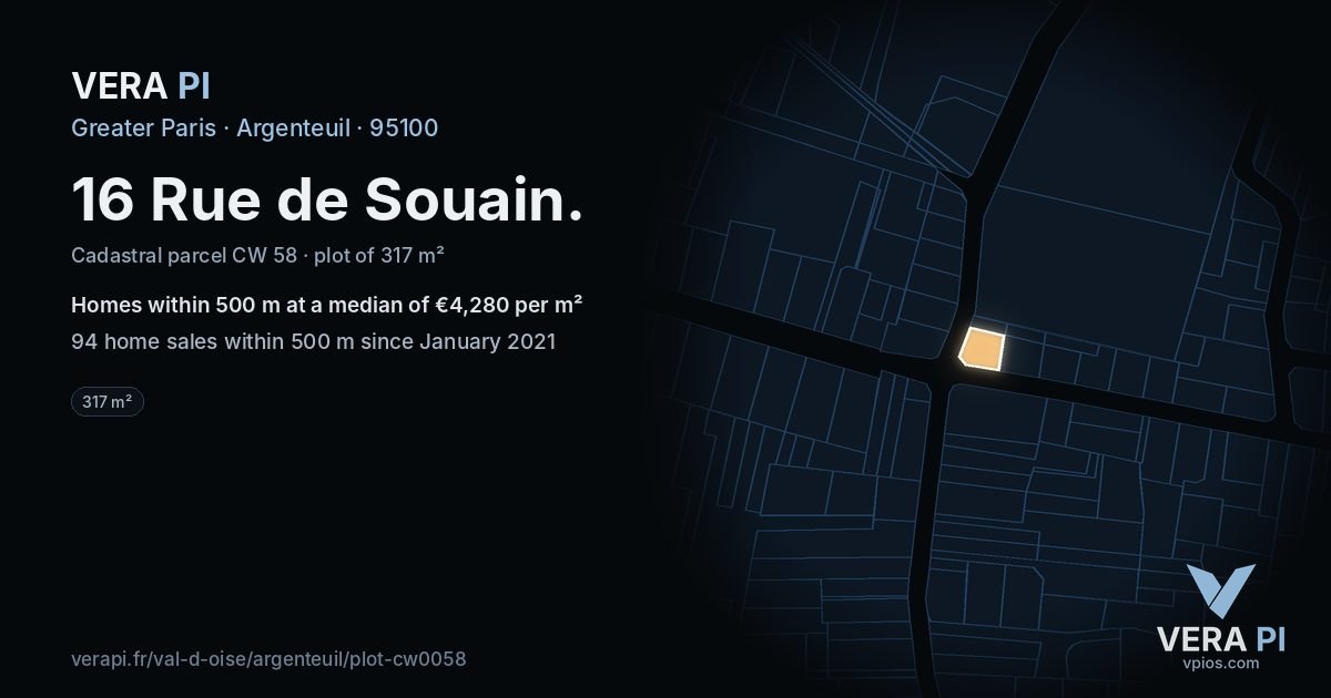 16 Rue de Souain, Argenteuil at night – the plot lit, the parcels around coloured by the prices near them