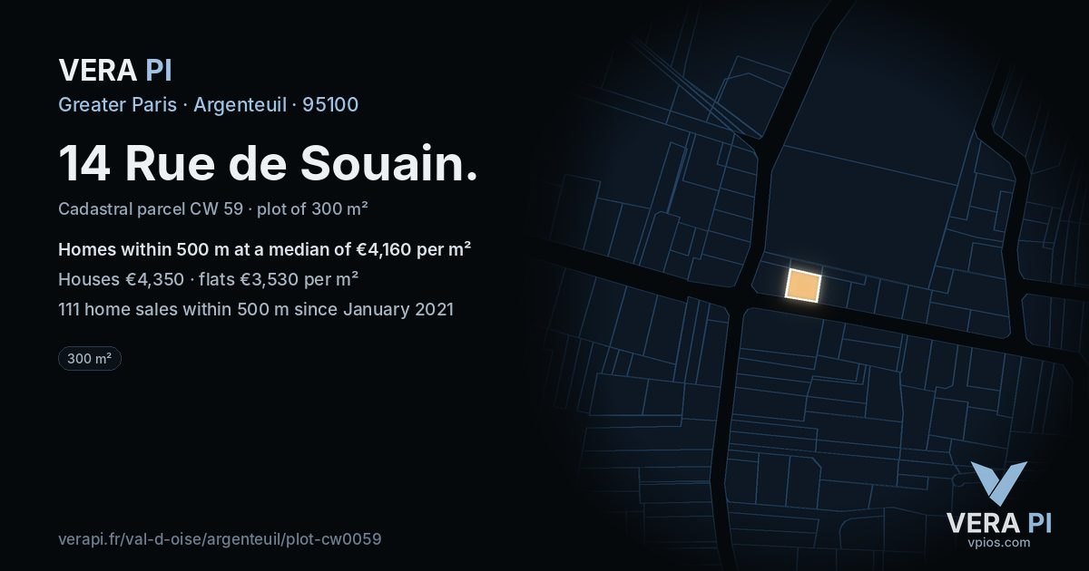 14 Rue de Souain, Argenteuil at night – the plot lit, the parcels around coloured by the prices near them