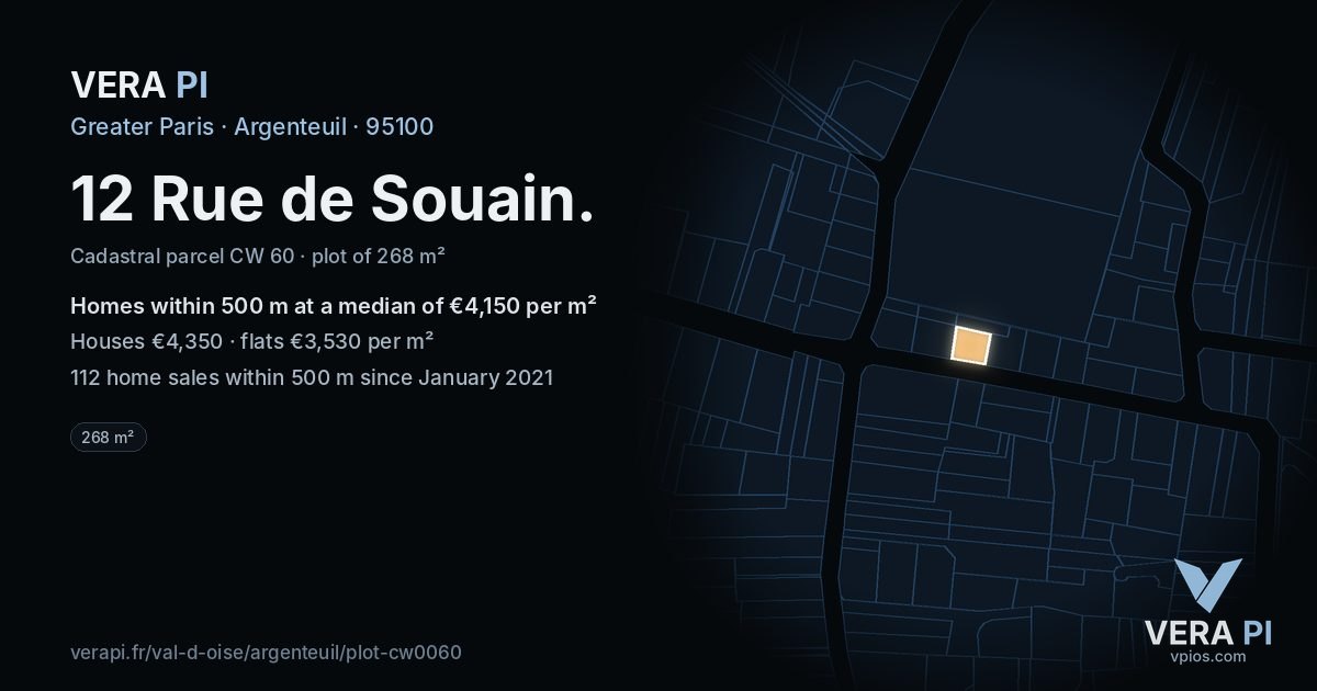 12 Rue de Souain, Argenteuil at night – the plot lit, the parcels around coloured by the prices near them
