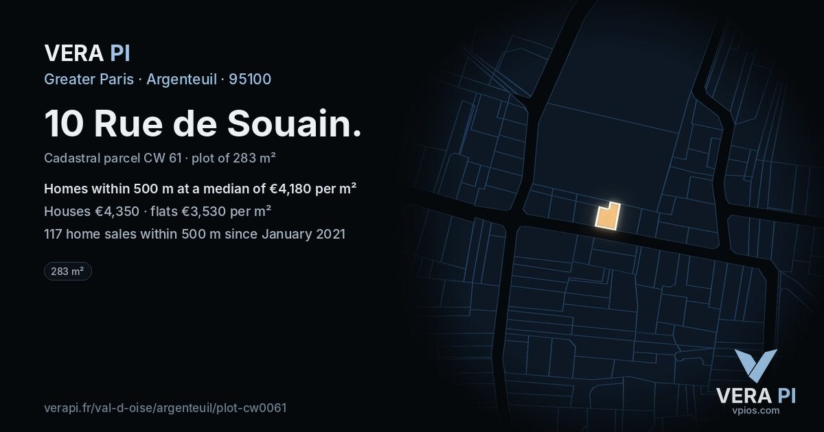 10 Rue de Souain, Argenteuil at night – the plot lit, the parcels around coloured by the prices near them