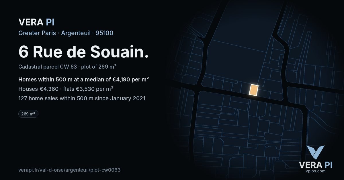 6 Rue de Souain, Argenteuil at night – the plot lit, the parcels around coloured by the prices near them
