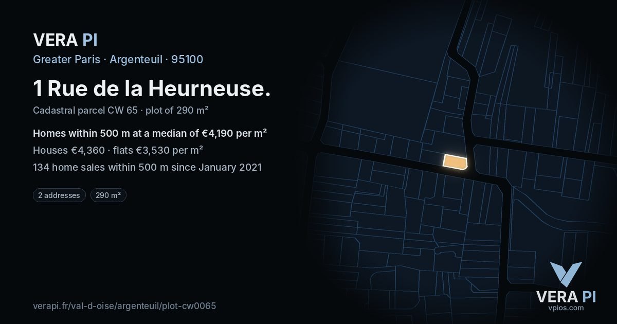 1 Rue de la Heurneuse, Argenteuil at night – the plot lit, the parcels around coloured by the prices near them