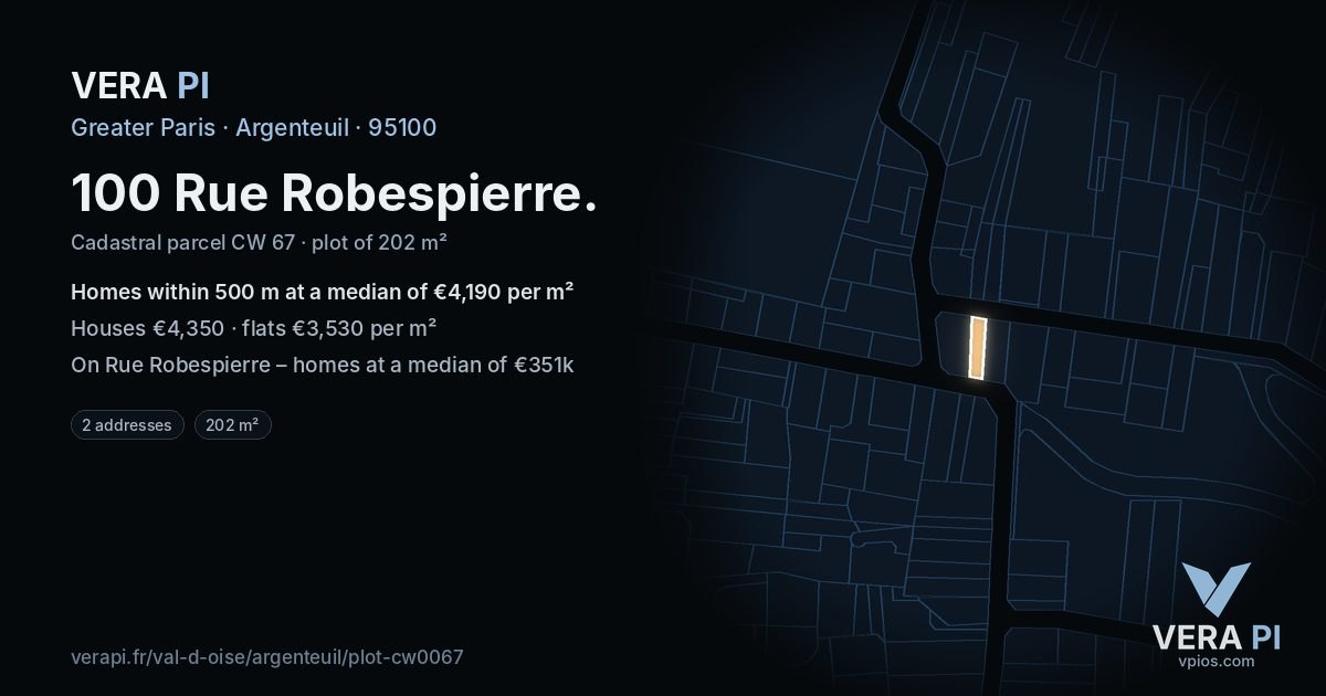 100 Rue Robespierre, Argenteuil at night – the plot lit, the parcels around coloured by the prices near them
