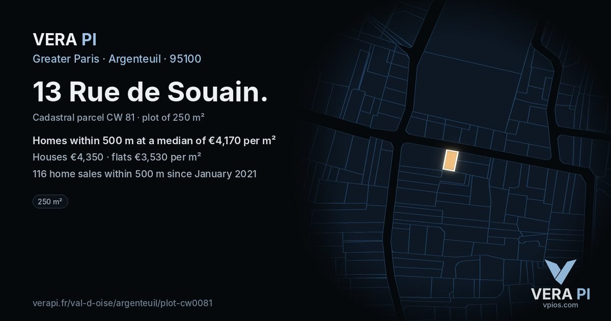 13 Rue de Souain, Argenteuil at night – the plot lit, the parcels around coloured by the prices near them