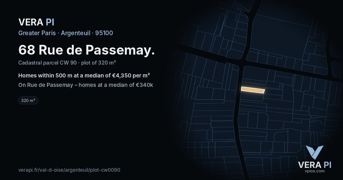 68 Rue de Passemay, Argenteuil at night – the plot lit, the parcels around coloured by the prices near them