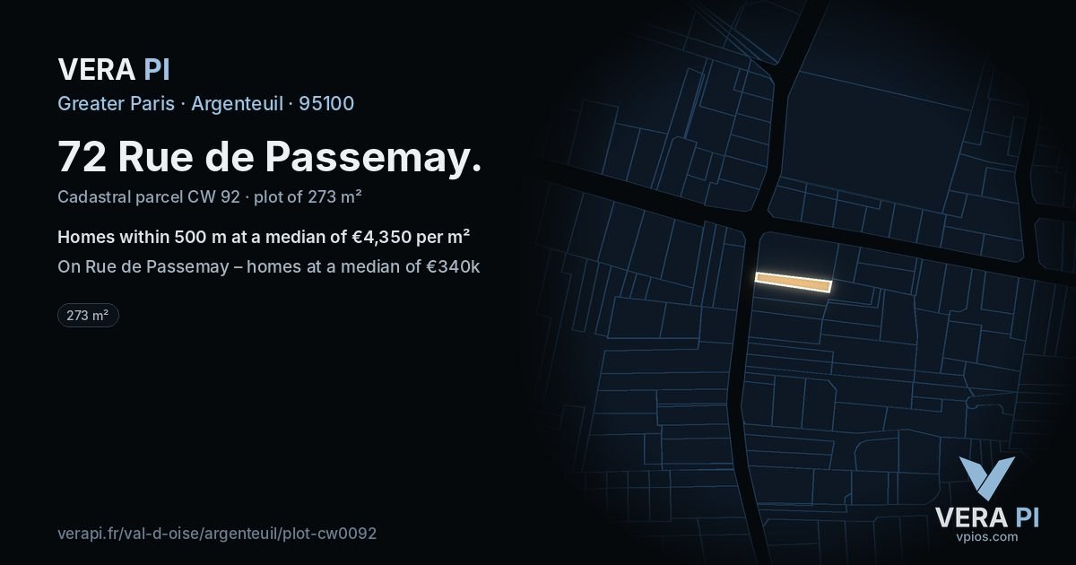 72 Rue de Passemay, Argenteuil at night – the plot lit, the parcels around coloured by the prices near them