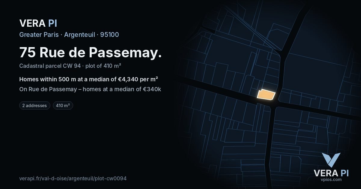 75 Rue de Passemay, Argenteuil at night – the plot lit, the parcels around coloured by the prices near them