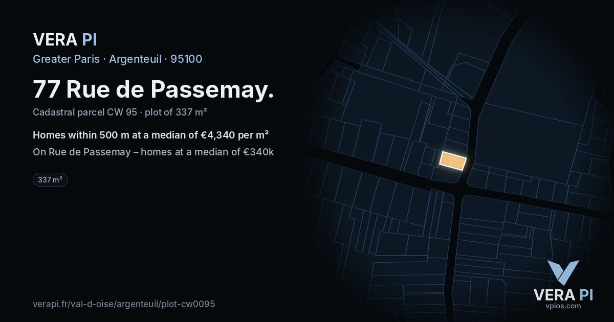 77 Rue de Passemay, Argenteuil at night – the plot lit, the parcels around coloured by the prices near them