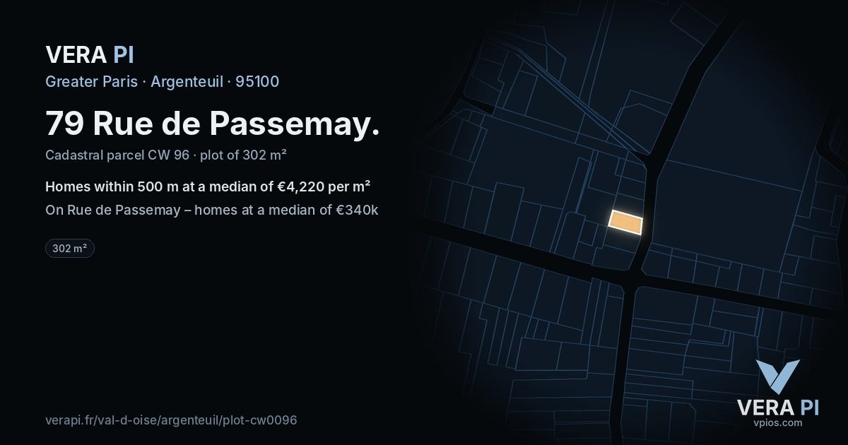 79 Rue de Passemay, Argenteuil at night – the plot lit, the parcels around coloured by the prices near them