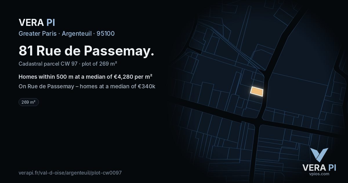 81 Rue de Passemay, Argenteuil at night – the plot lit, the parcels around coloured by the prices near them
