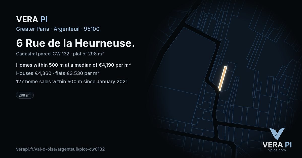 6 Rue de la Heurneuse, Argenteuil at night – the plot lit, the parcels around coloured by the prices near them