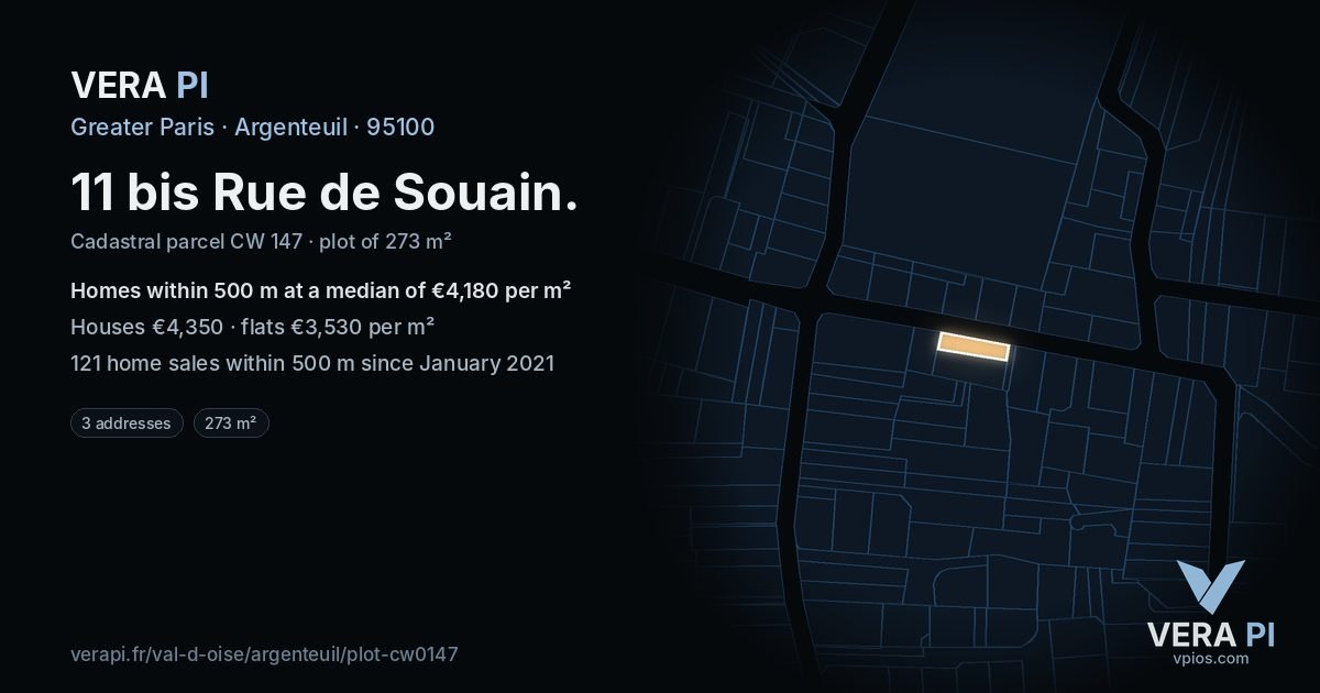 11 bis Rue de Souain, Argenteuil at night – the plot lit, the parcels around coloured by the prices near them